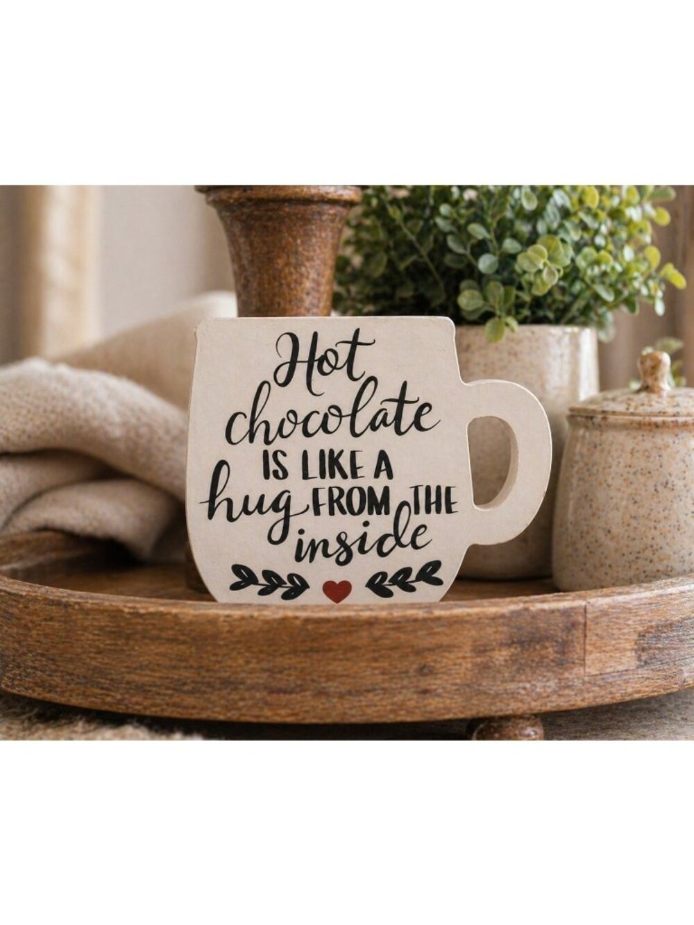 Hot Chocolate Mug Shaped Wooden Table Decor Beige Rustic Coffee Bar Accent Sign